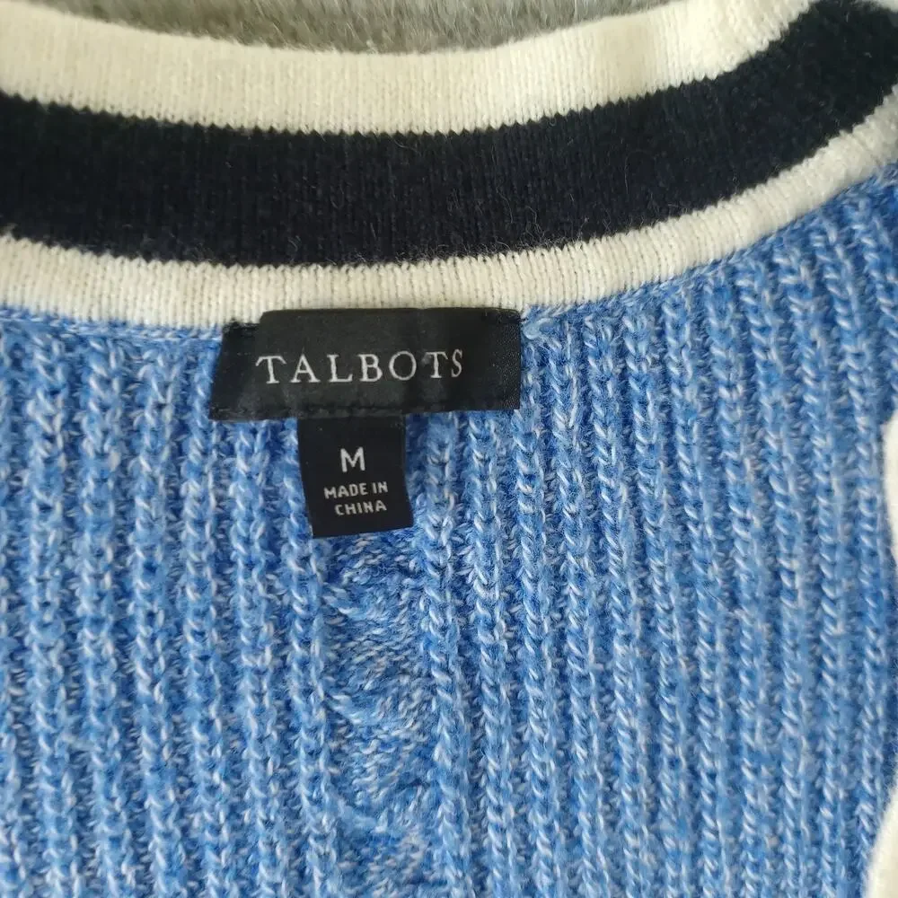 Talbots Cable Knit Cardigan Women M Blue Deep V-Neck Heavyweight Grannycore Cozy